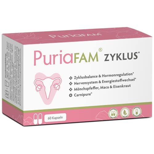 PURIAFAM® Zyklus Tabletten - 60 Kapseln - Maca, Mönchspfeffer, Shatavari, Inositol - Vegane Frauen Vitamine - Zyklus Balance  