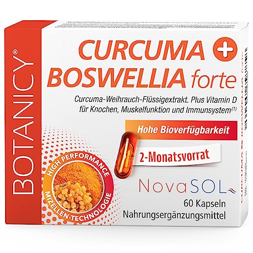 BOTANICY Curcuma + Boswellia forte - Kurkuma Weihrauch Kapseln mit Markenrohstoff NovaSOL - Plus Vitamin D3 für Knochen & Muskeln - Hohe Bioverfügbarkeit, Hochdosiert - 60 Weihrauch Kurkuma Kapseln  