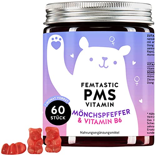PMS Gummies - Mönchspfeffer, Vitamin B6 & Dong Quai Extrakt - Vit B6 trägt zur Regulierung deines Hormonhaushalts bei - vegan - Monatsvorrat - Femtastic PMS Vitamin Bears with Benefits  