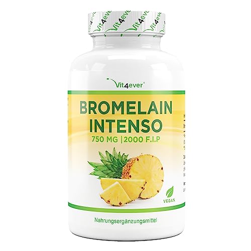 Bromelain Intenso - 750 mg (2000 F.I.P) - 120 magensaftresistente Kapseln - Natürlicher Ananas Extrakt - Laborgeprüft - Vegan - Hochdosiert  