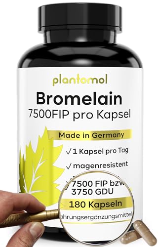 NEU: 180 Bromelain Kapseln mit 7500 FIP pro Kapsel - Bromelain hochdosiert mit 750mg Bromelain Enzym aus Ananas-Extrakt - besonders hohe Enzymaktivität von 10.000 FIP/g - vegan - plantomol®  