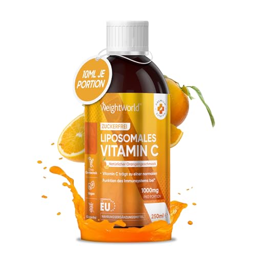 Liposomales Vitamin C - 250ml Vegane & zuckerfreie Tropfen - Täglich 1000mg Vit C mit Orangengeschmack - Alternative zu Tabletten & Kapseln - Maximale Absorption & hohe Bioverfügbarkeit - WeightWorld  